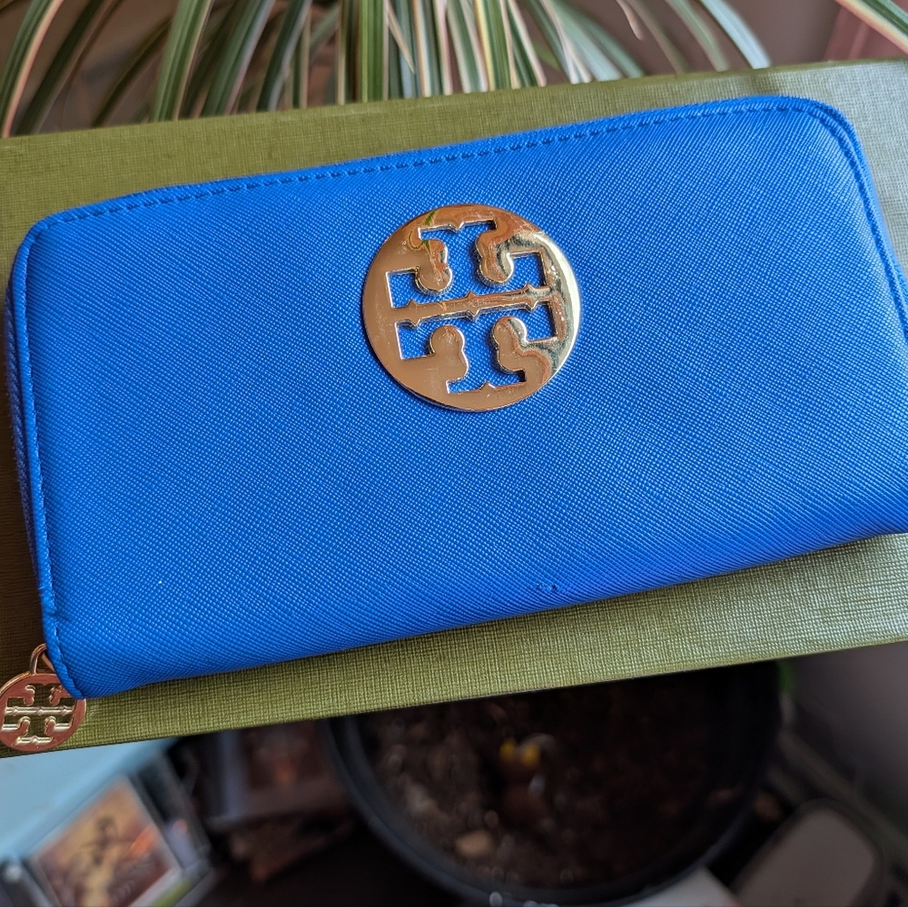 Tory Burch Blue Clutch with Gold Logo